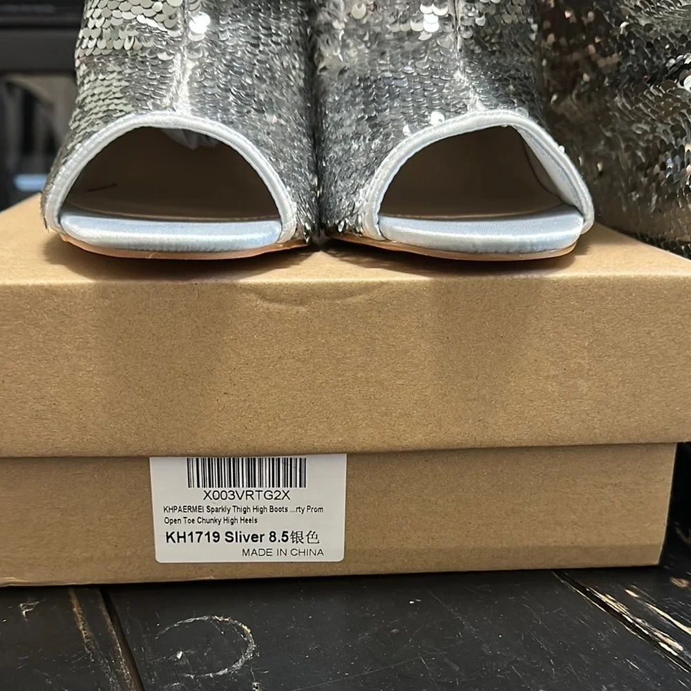 KHPAERMEI Sparkly Thigh High Open Toe Chunky High Heel Boots - Silver Sequin